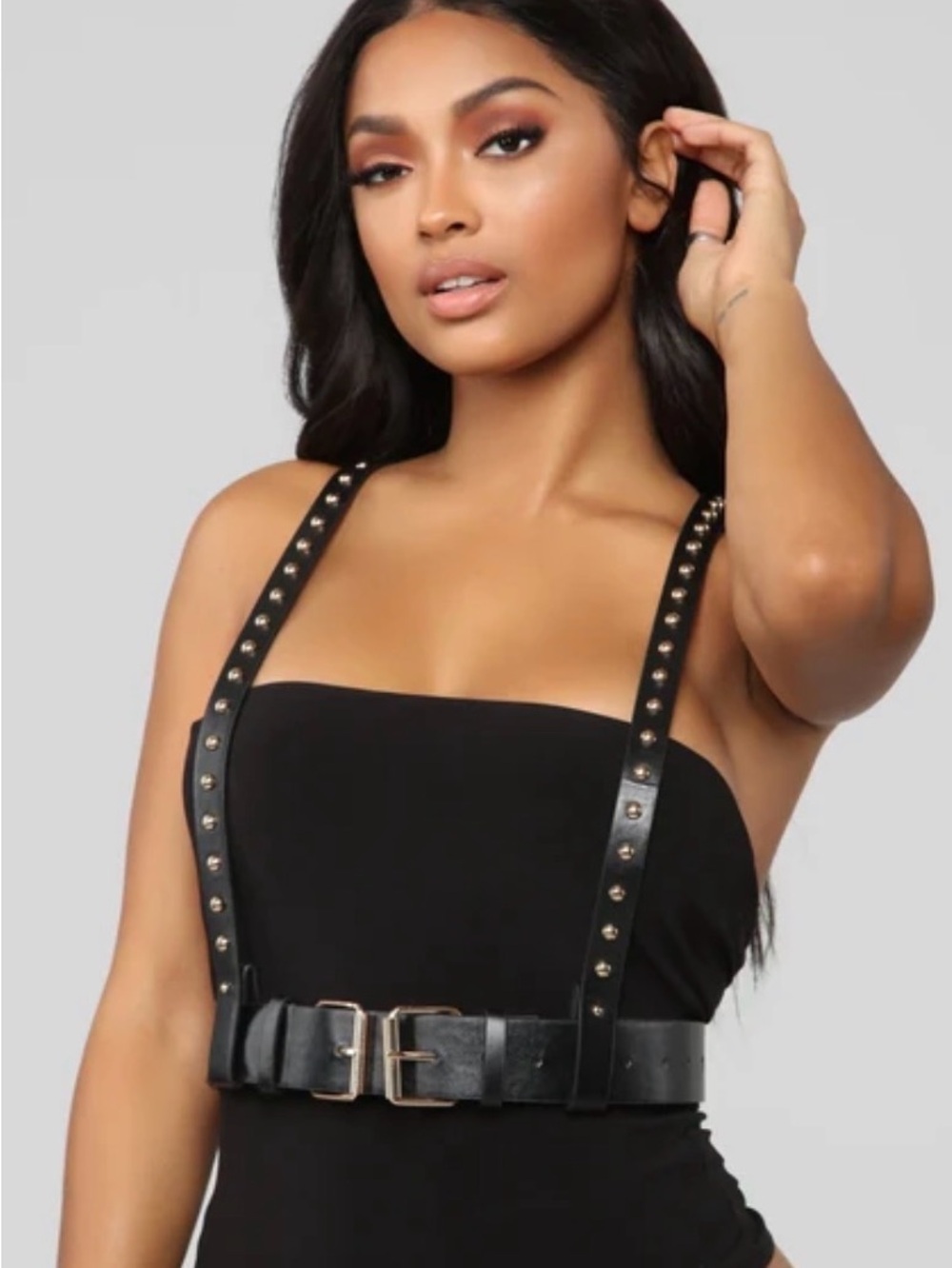 Black Studded Faux Leather Body Harness with Gold Hardware